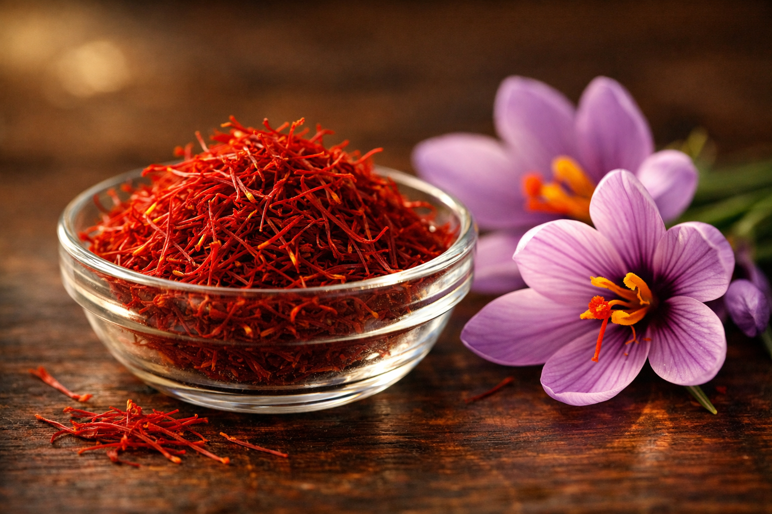 কাশ্মীরি কেশরের লাল তন্তু ও Crocus sativus ফুলের ক্লোজআপ ছবি